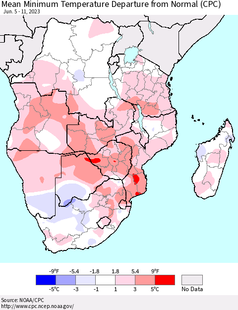 Southern Africa Mean Minimum Temperature Departure from Normal (CPC) Thematic Map For 6/5/2023 - 6/11/2023