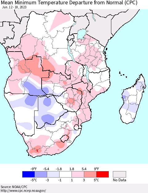 Southern Africa Mean Minimum Temperature Departure from Normal (CPC) Thematic Map For 6/12/2023 - 6/18/2023