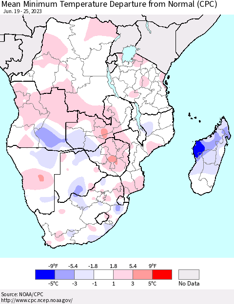 Southern Africa Mean Minimum Temperature Departure from Normal (CPC) Thematic Map For 6/19/2023 - 6/25/2023