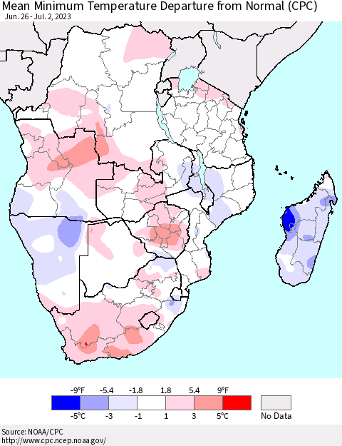 Southern Africa Mean Minimum Temperature Departure from Normal (CPC) Thematic Map For 6/26/2023 - 7/2/2023