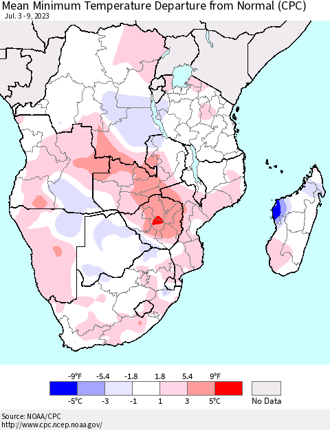 Southern Africa Mean Minimum Temperature Departure from Normal (CPC) Thematic Map For 7/3/2023 - 7/9/2023