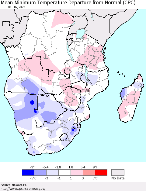Southern Africa Mean Minimum Temperature Departure from Normal (CPC) Thematic Map For 7/10/2023 - 7/16/2023