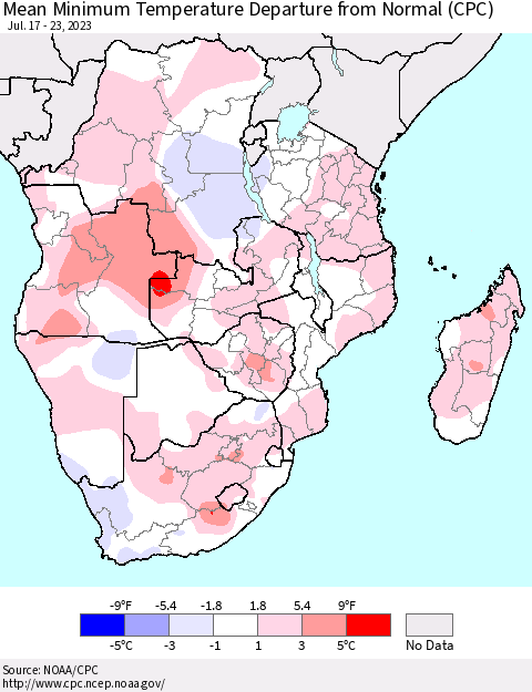 Southern Africa Mean Minimum Temperature Departure from Normal (CPC) Thematic Map For 7/17/2023 - 7/23/2023