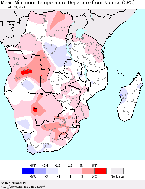 Southern Africa Mean Minimum Temperature Departure from Normal (CPC) Thematic Map For 7/24/2023 - 7/30/2023