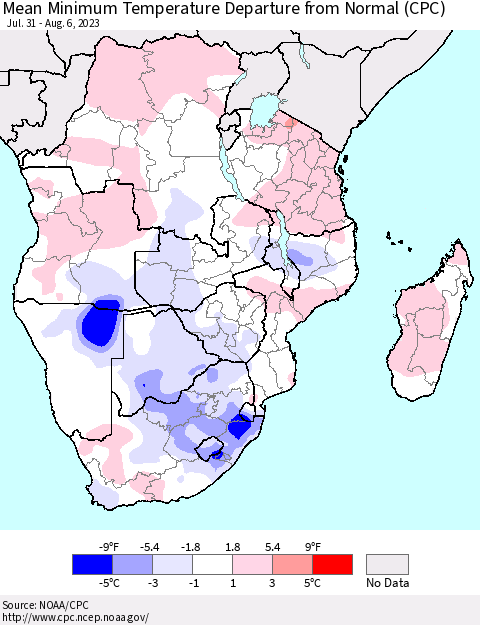 Southern Africa Mean Minimum Temperature Departure from Normal (CPC) Thematic Map For 7/31/2023 - 8/6/2023