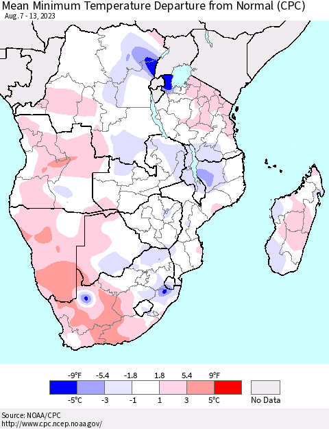 Southern Africa Mean Minimum Temperature Departure from Normal (CPC) Thematic Map For 8/7/2023 - 8/13/2023