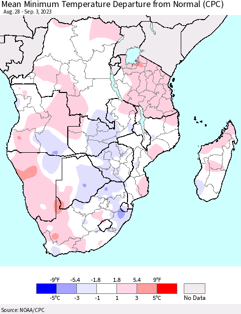 Southern Africa Mean Minimum Temperature Departure from Normal (CPC) Thematic Map For 8/28/2023 - 9/3/2023