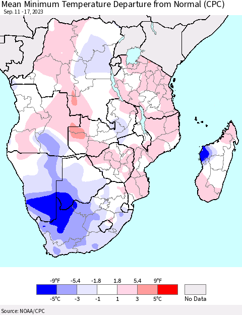 Southern Africa Mean Minimum Temperature Departure from Normal (CPC) Thematic Map For 9/11/2023 - 9/17/2023
