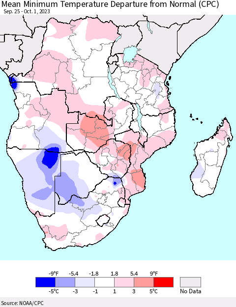 Southern Africa Mean Minimum Temperature Departure from Normal (CPC) Thematic Map For 9/25/2023 - 10/1/2023