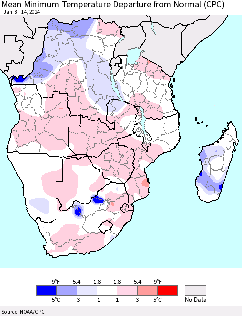 Southern Africa Mean Minimum Temperature Departure from Normal (CPC) Thematic Map For 1/8/2024 - 1/14/2024