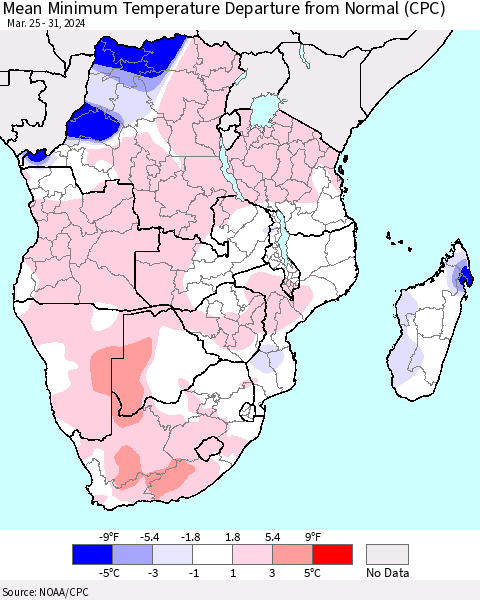 Southern Africa Mean Minimum Temperature Departure from Normal (CPC) Thematic Map For 3/25/2024 - 3/31/2024