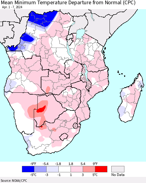 Southern Africa Mean Minimum Temperature Departure from Normal (CPC) Thematic Map For 4/1/2024 - 4/7/2024