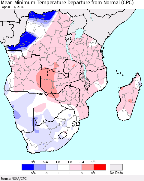 Southern Africa Mean Minimum Temperature Departure from Normal (CPC) Thematic Map For 4/8/2024 - 4/14/2024