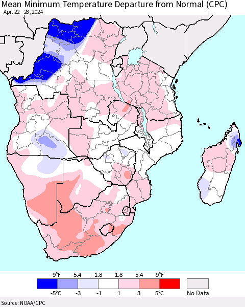 Southern Africa Mean Minimum Temperature Departure from Normal (CPC) Thematic Map For 4/22/2024 - 4/28/2024