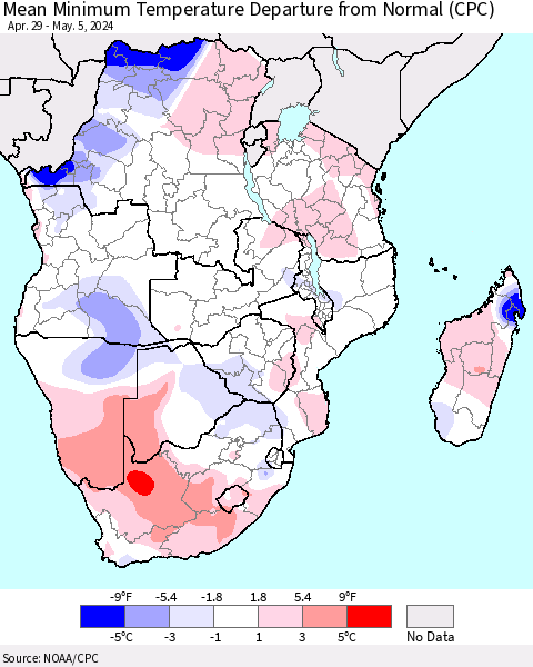 Southern Africa Mean Minimum Temperature Departure from Normal (CPC) Thematic Map For 4/29/2024 - 5/5/2024