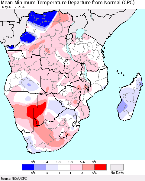 Southern Africa Mean Minimum Temperature Departure from Normal (CPC) Thematic Map For 5/6/2024 - 5/12/2024