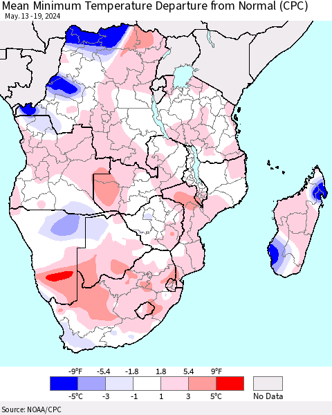Southern Africa Mean Minimum Temperature Departure from Normal (CPC) Thematic Map For 5/13/2024 - 5/19/2024