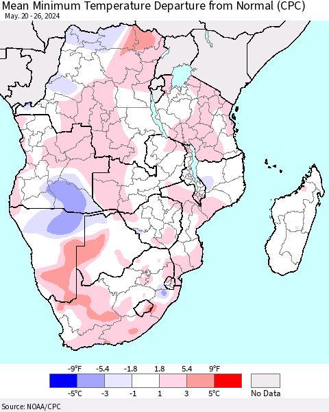 Southern Africa Mean Minimum Temperature Departure from Normal (CPC) Thematic Map For 5/20/2024 - 5/26/2024