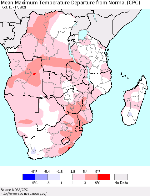 Southern Africa Mean Maximum Temperature Departure from Normal (CPC) Thematic Map For 10/11/2021 - 10/17/2021