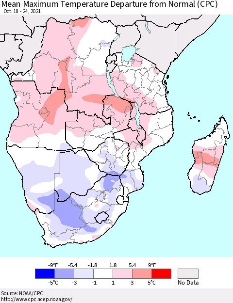 Southern Africa Mean Maximum Temperature Departure from Normal (CPC) Thematic Map For 10/18/2021 - 10/24/2021