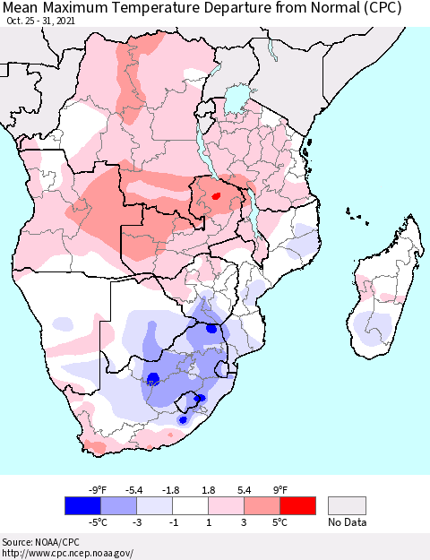 Southern Africa Mean Maximum Temperature Departure from Normal (CPC) Thematic Map For 10/25/2021 - 10/31/2021