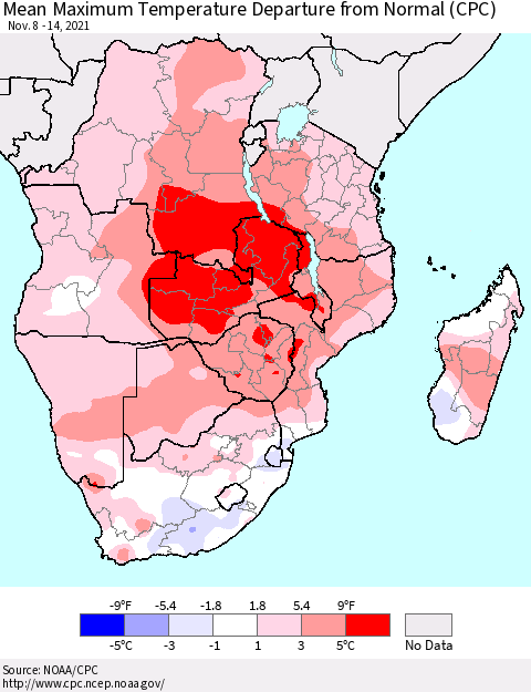 Southern Africa Mean Maximum Temperature Departure from Normal (CPC) Thematic Map For 11/8/2021 - 11/14/2021