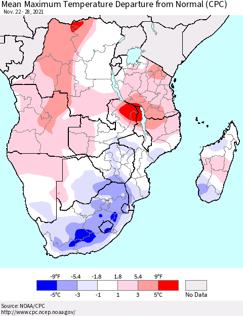 Southern Africa Mean Maximum Temperature Departure from Normal (CPC) Thematic Map For 11/22/2021 - 11/28/2021