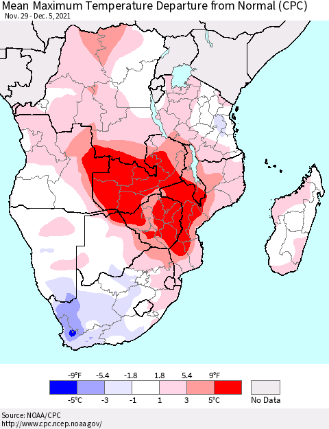 Southern Africa Mean Maximum Temperature Departure from Normal (CPC) Thematic Map For 11/29/2021 - 12/5/2021