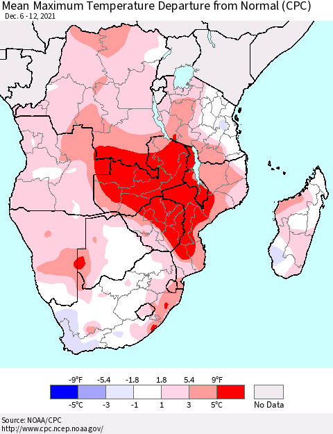 Southern Africa Mean Maximum Temperature Departure from Normal (CPC) Thematic Map For 12/6/2021 - 12/12/2021