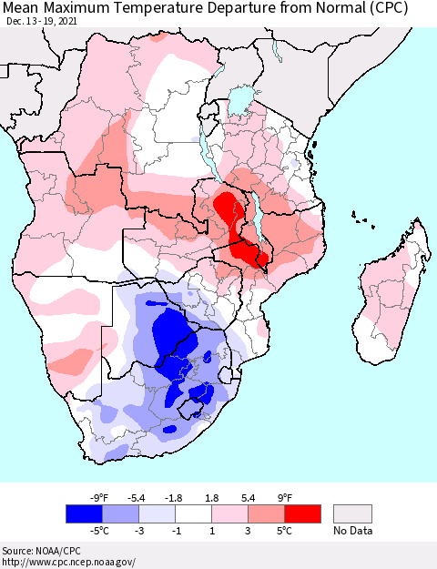 Southern Africa Mean Maximum Temperature Departure from Normal (CPC) Thematic Map For 12/13/2021 - 12/19/2021