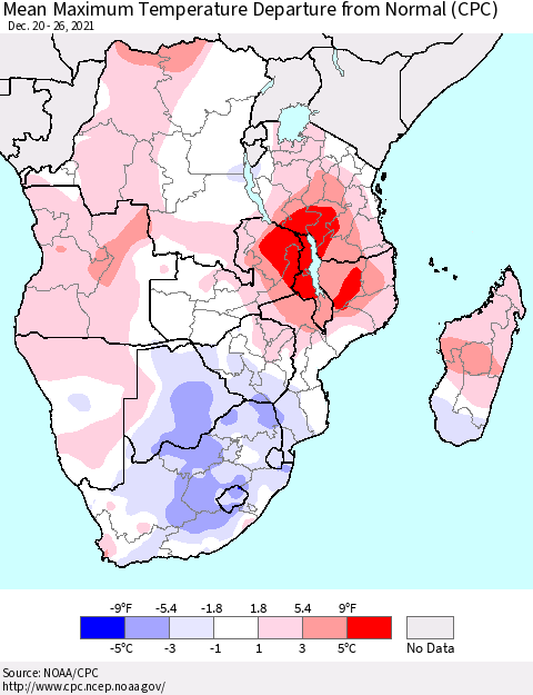 Southern Africa Mean Maximum Temperature Departure from Normal (CPC) Thematic Map For 12/20/2021 - 12/26/2021
