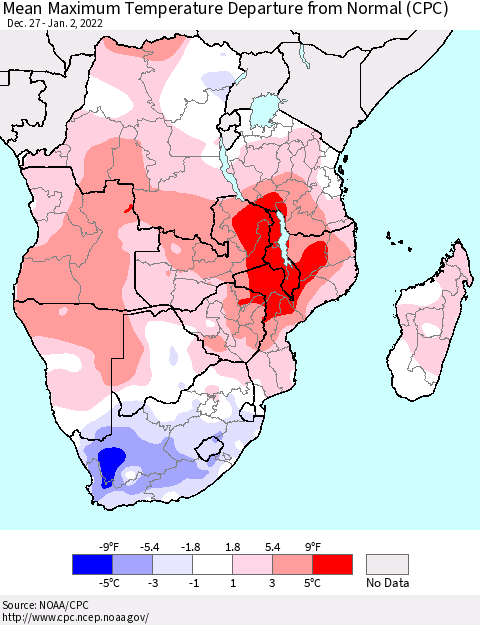 Southern Africa Mean Maximum Temperature Departure from Normal (CPC) Thematic Map For 12/27/2021 - 1/2/2022