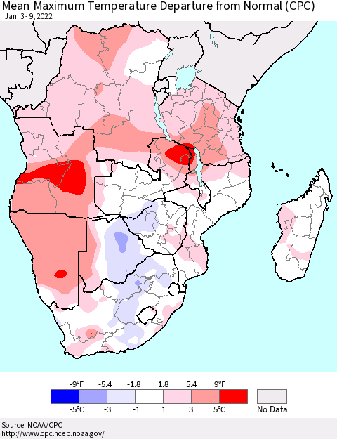 Southern Africa Mean Maximum Temperature Departure from Normal (CPC) Thematic Map For 1/3/2022 - 1/9/2022