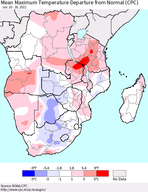 Southern Africa Mean Maximum Temperature Departure from Normal (CPC) Thematic Map For 1/10/2022 - 1/16/2022