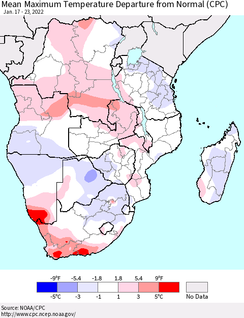 Southern Africa Mean Maximum Temperature Departure from Normal (CPC) Thematic Map For 1/17/2022 - 1/23/2022