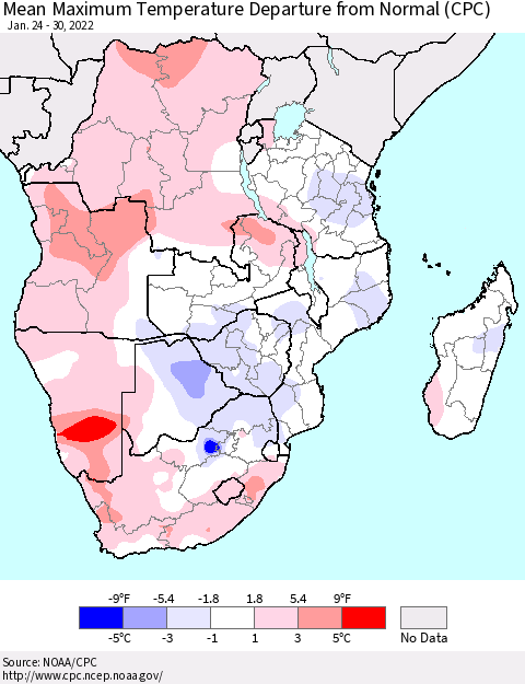 Southern Africa Mean Maximum Temperature Departure from Normal (CPC) Thematic Map For 1/24/2022 - 1/30/2022