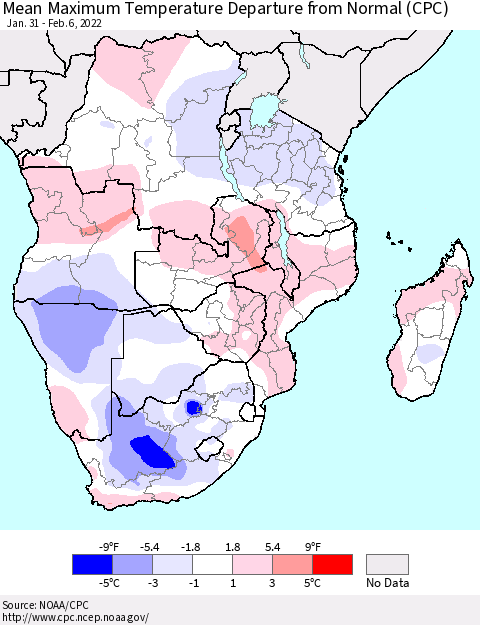 Southern Africa Mean Maximum Temperature Departure from Normal (CPC) Thematic Map For 1/31/2022 - 2/6/2022