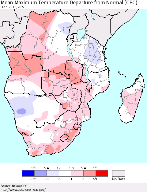 Southern Africa Mean Maximum Temperature Departure from Normal (CPC) Thematic Map For 2/7/2022 - 2/13/2022