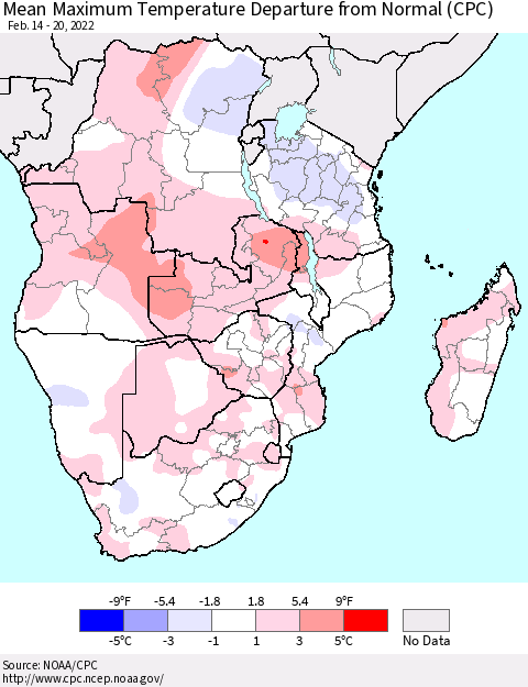 Southern Africa Mean Maximum Temperature Departure from Normal (CPC) Thematic Map For 2/14/2022 - 2/20/2022
