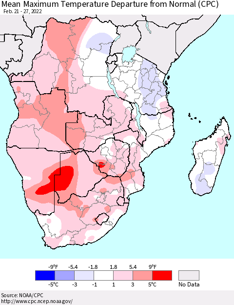 Southern Africa Mean Maximum Temperature Departure from Normal (CPC) Thematic Map For 2/21/2022 - 2/27/2022