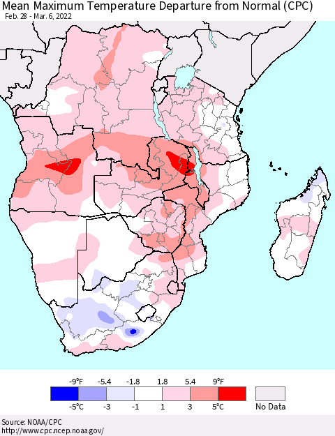 Southern Africa Mean Maximum Temperature Departure from Normal (CPC) Thematic Map For 2/28/2022 - 3/6/2022