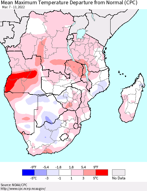 Southern Africa Mean Maximum Temperature Departure from Normal (CPC) Thematic Map For 3/7/2022 - 3/13/2022