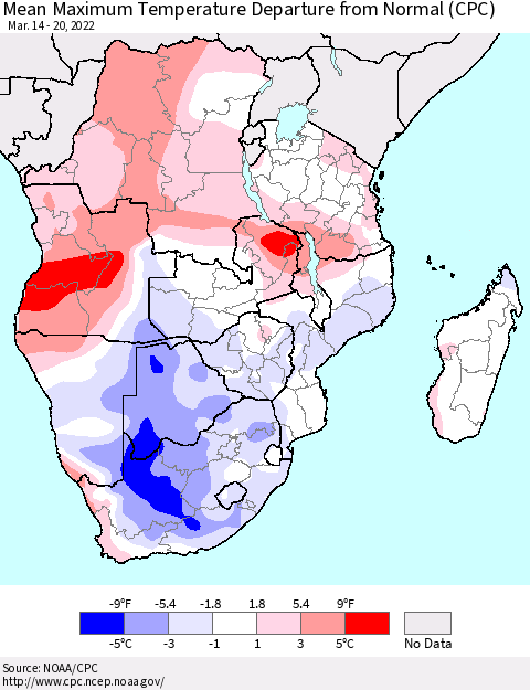 Southern Africa Mean Maximum Temperature Departure from Normal (CPC) Thematic Map For 3/14/2022 - 3/20/2022