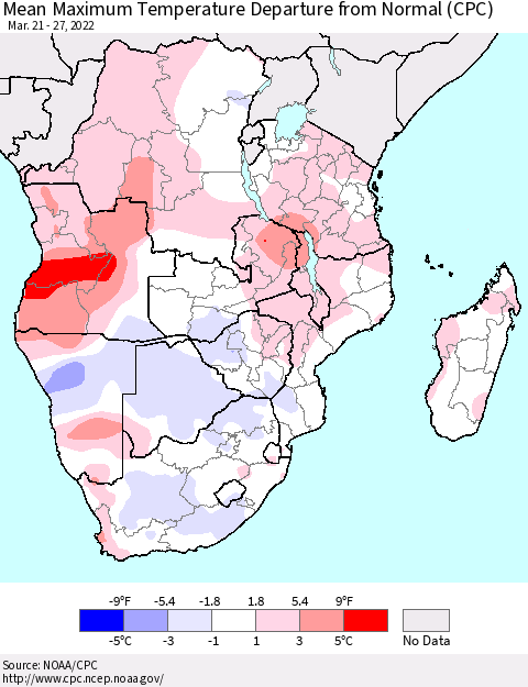 Southern Africa Mean Maximum Temperature Departure from Normal (CPC) Thematic Map For 3/21/2022 - 3/27/2022