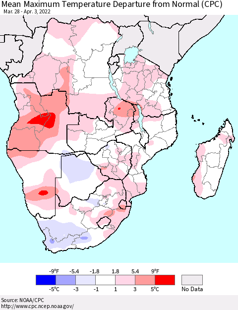 Southern Africa Mean Maximum Temperature Departure from Normal (CPC) Thematic Map For 3/28/2022 - 4/3/2022