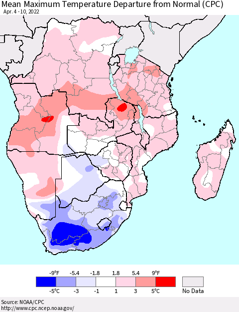 Southern Africa Mean Maximum Temperature Departure from Normal (CPC) Thematic Map For 4/4/2022 - 4/10/2022