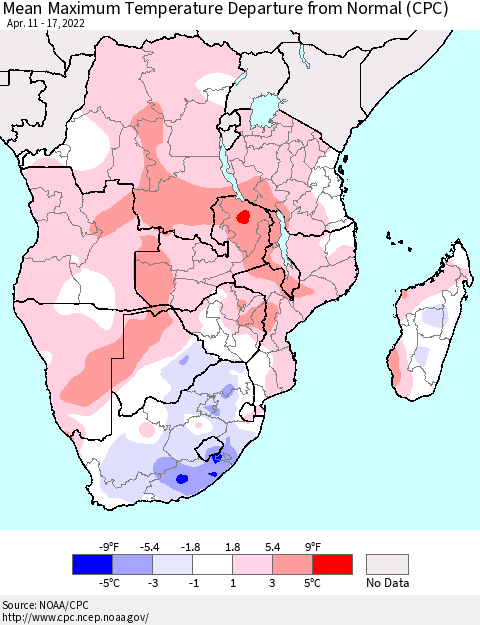 Southern Africa Mean Maximum Temperature Departure from Normal (CPC) Thematic Map For 4/11/2022 - 4/17/2022