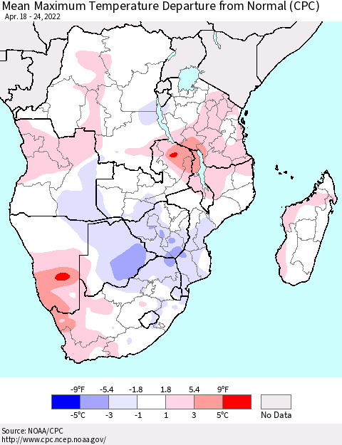 Southern Africa Mean Maximum Temperature Departure from Normal (CPC) Thematic Map For 4/18/2022 - 4/24/2022