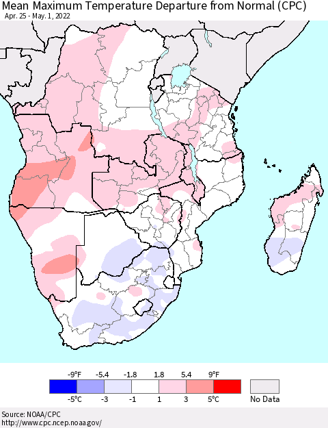 Southern Africa Mean Maximum Temperature Departure from Normal (CPC) Thematic Map For 4/25/2022 - 5/1/2022