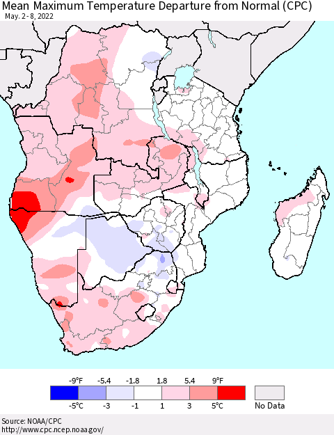 Southern Africa Mean Maximum Temperature Departure from Normal (CPC) Thematic Map For 5/2/2022 - 5/8/2022